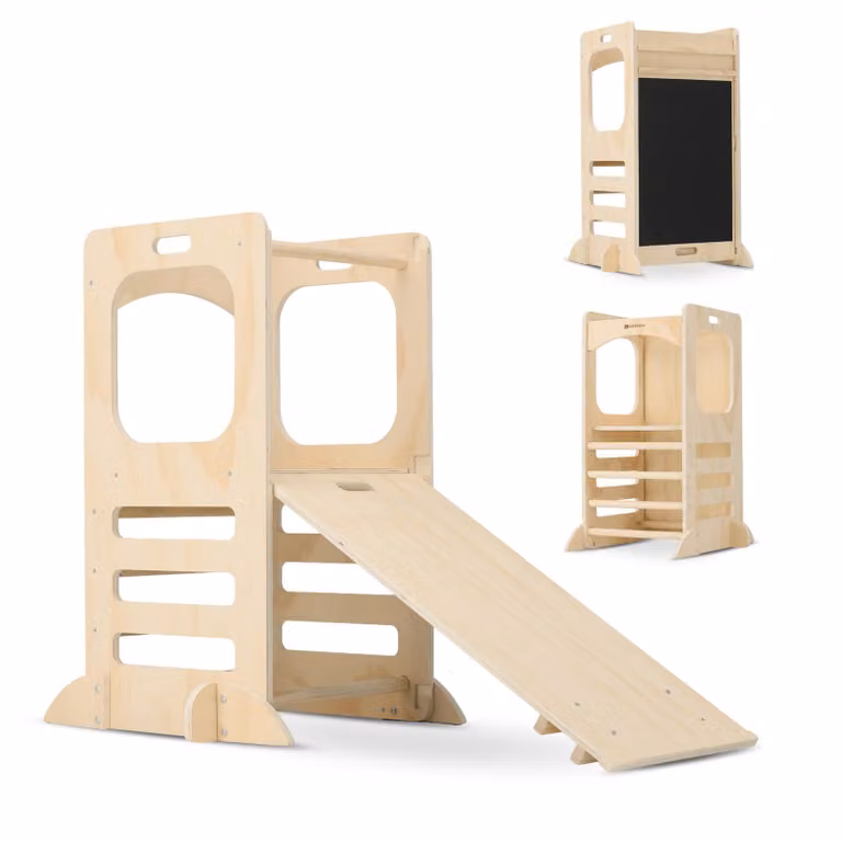 Deryan Luxe Torre di Apprendimento in Legno con Scivolo - Torre Gioco - Legno Naturale