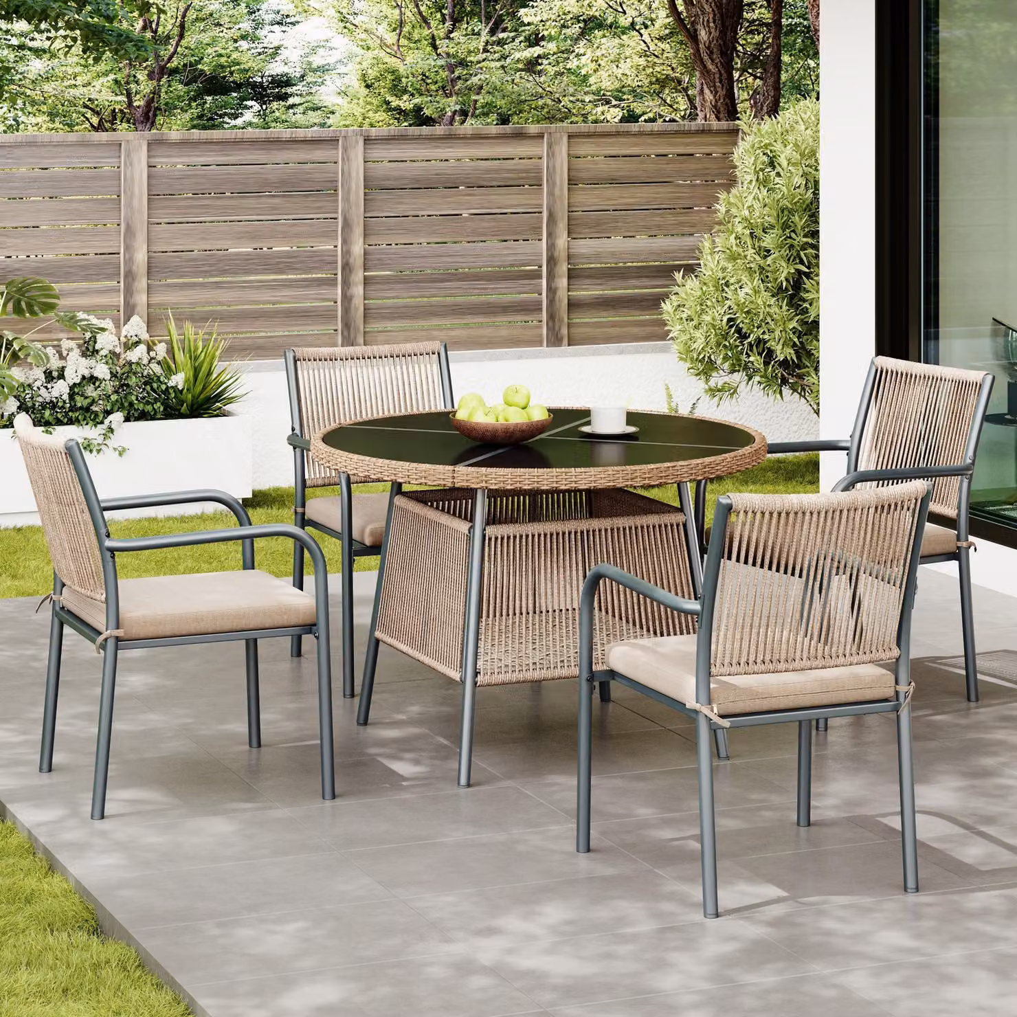 Set da giardino moderno GL Store composto da 5 pezzi con tavolo rotondo in vetro temperato e 4 sedie in polyrattan Grigio – 2