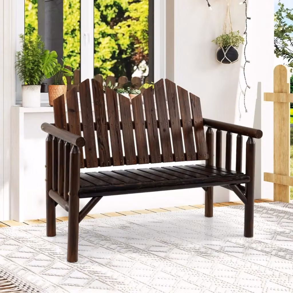 Panchina a 2 posti in legno per giardino e terrazzo, colore marrone scuro, con braccioli e schienale inclinato, capacità di carico 300 kg – 2
