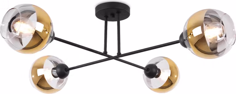 Lampada da soffitto Asturia nera a 4 luci con paralume in vetro dorato E27