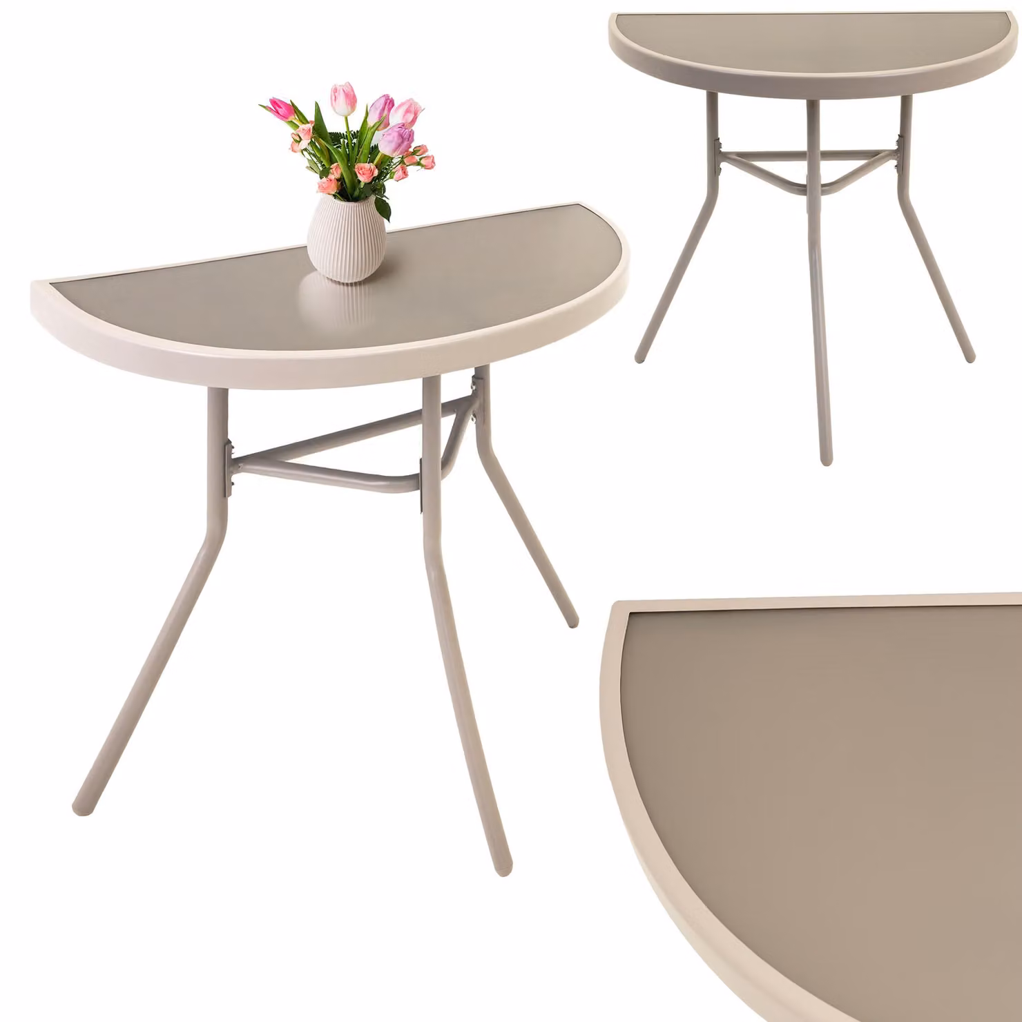 JUMI tavolino da balcone, tavolo da giardino beige in vetro e metallo