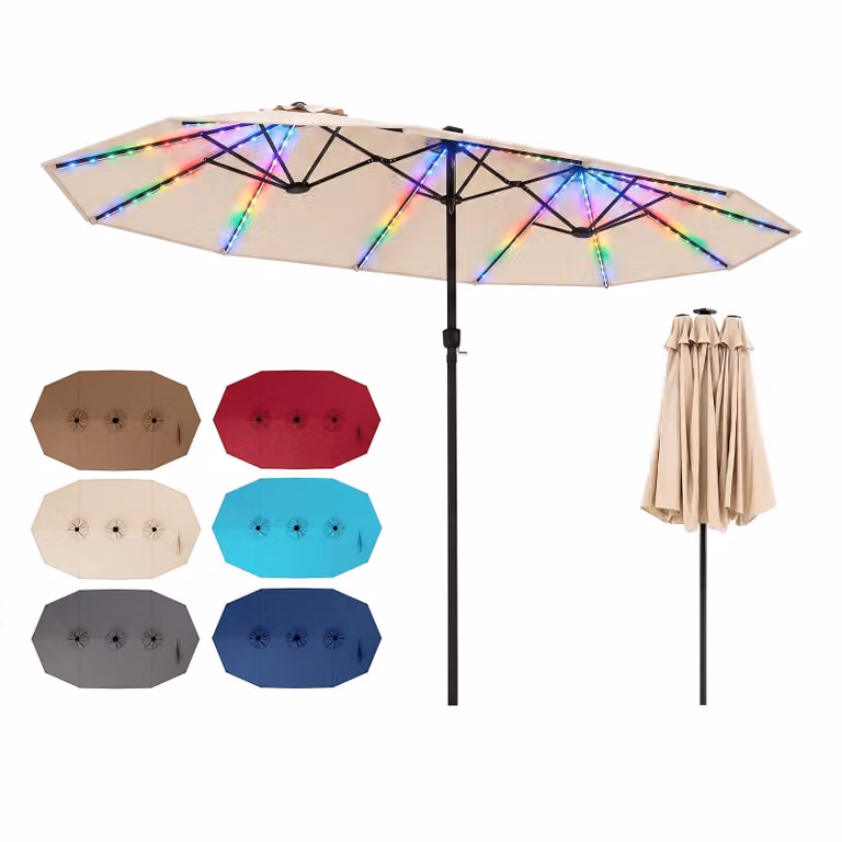 COSTWAY, ombrellone doppio, 440x260 cm, ombrellone da terrazza con manovella, illuminazione solare a LED, 12 modalità di illuminazione e 2 opzioni di ricarica, ombrellone da giardino, modello mercato, color beige