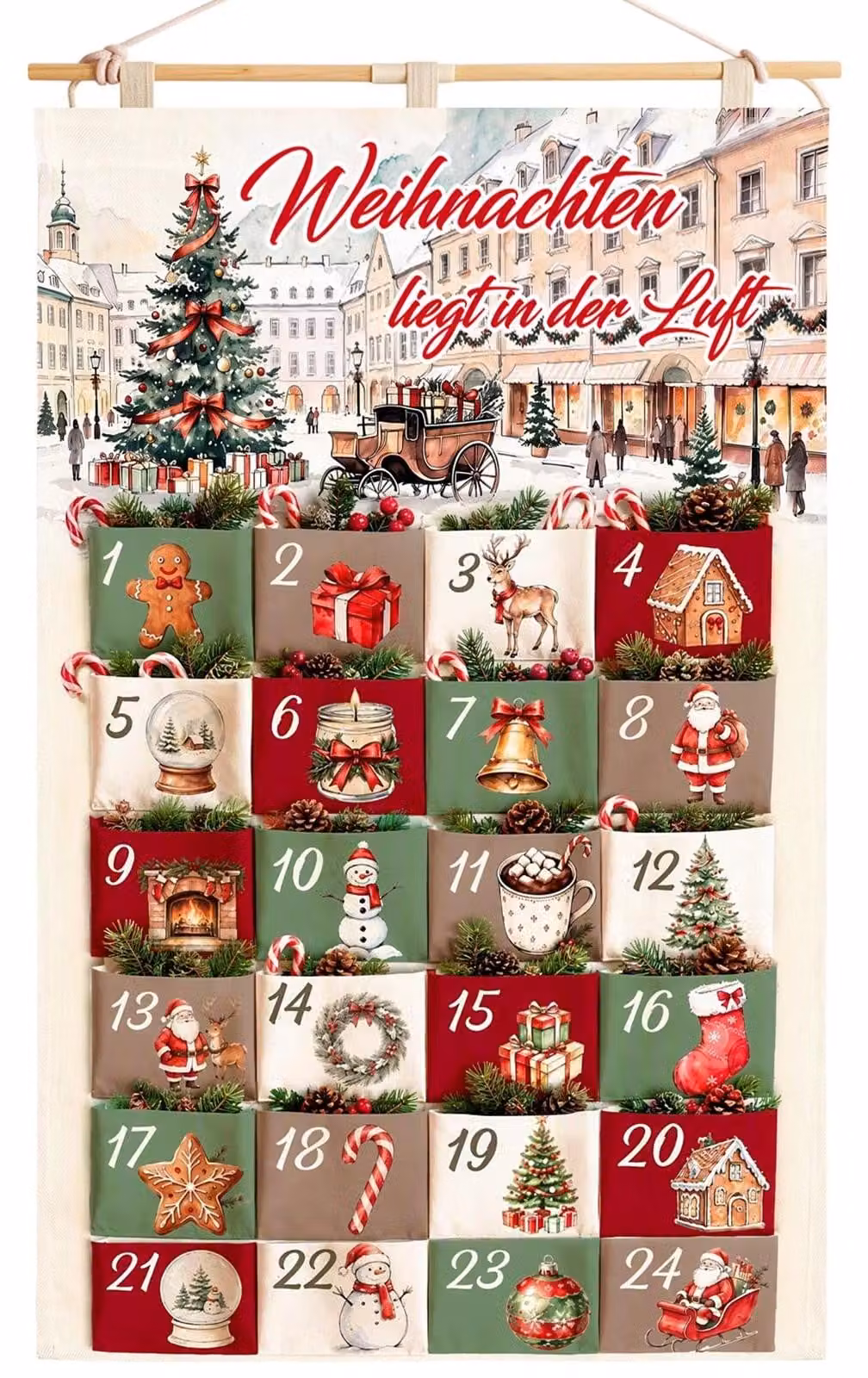 Calendario dell'Avvento in tessuto, con 24 tasche, dimensioni 97x62 cm, da riempire