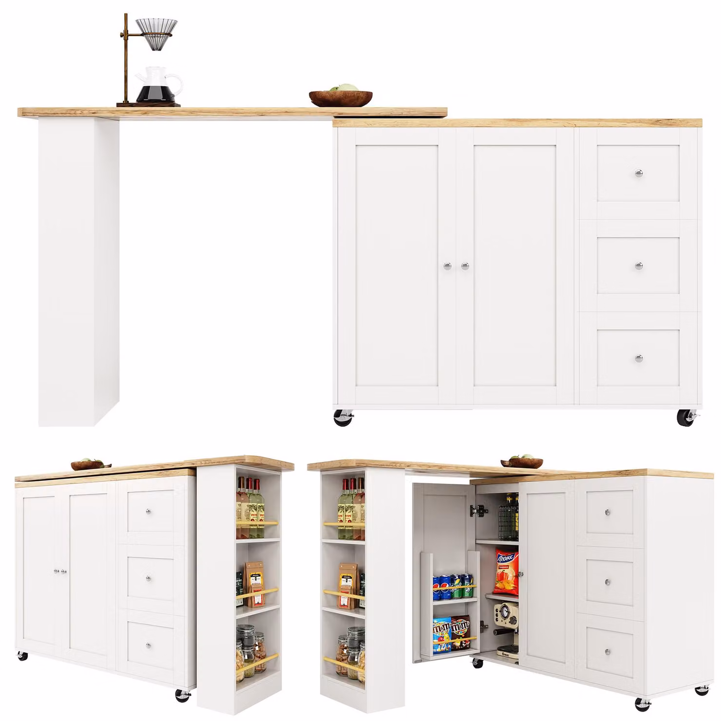 Isola da cucina su ruote, tavolino girevole a 360° in MDF bianco, dimensioni 135–203 x 39 x 104–106 cm, con tre cassetti e ripiano per snack