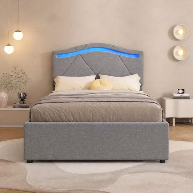 Letto singolo imbottito ULEVR 90x200 cm in lino grigio, con 2 cassetti, LED e testiera regolabile