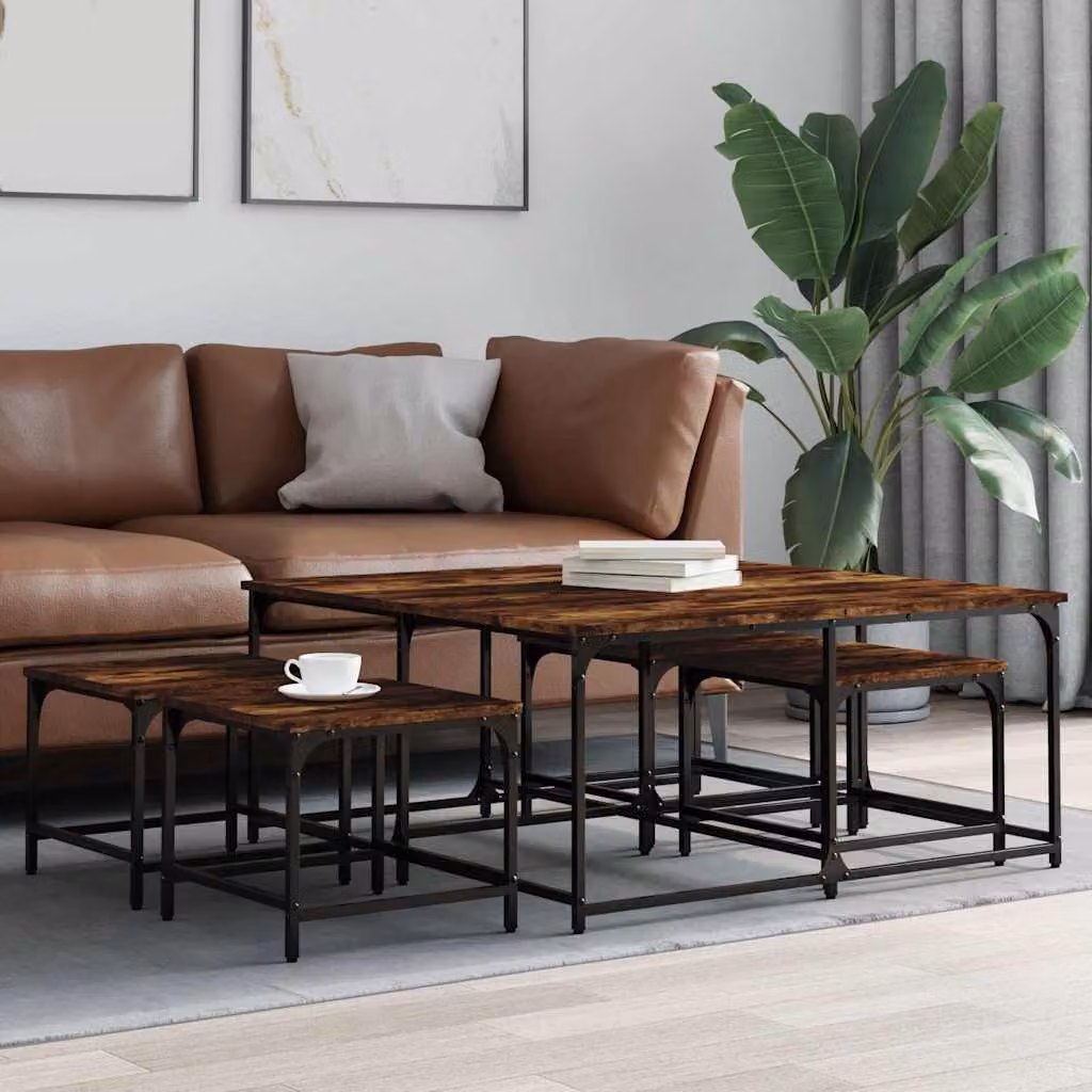 Set di 5 tavolini impilabili vidaXL in legno multistrato e metallo, colore rovere fumo, stile industriale