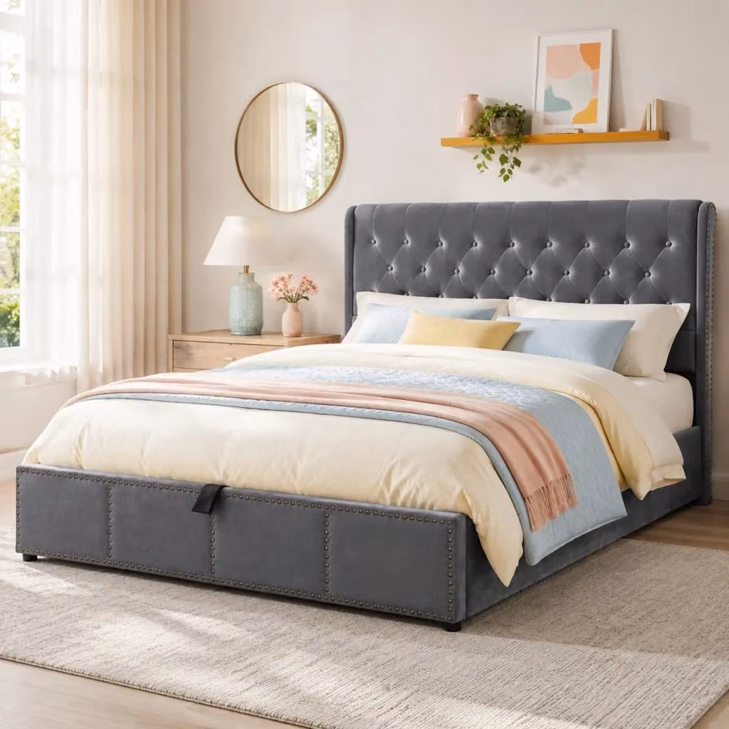 Letto contenitore Mivray con testiera imbottita in velluto grigio e base a sollevamento L/P: 180 x 200 cm – 2
