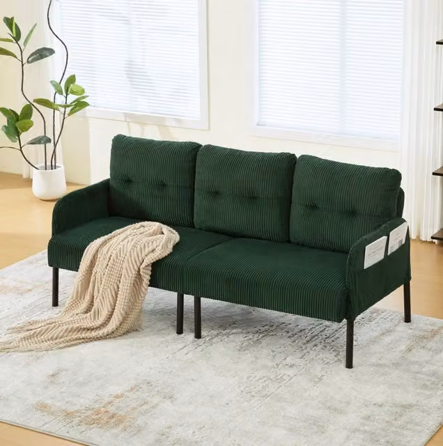 Divano 3 posti 171x72x80 cm verde scuro con tasca laterale, cord, struttura in metallo
