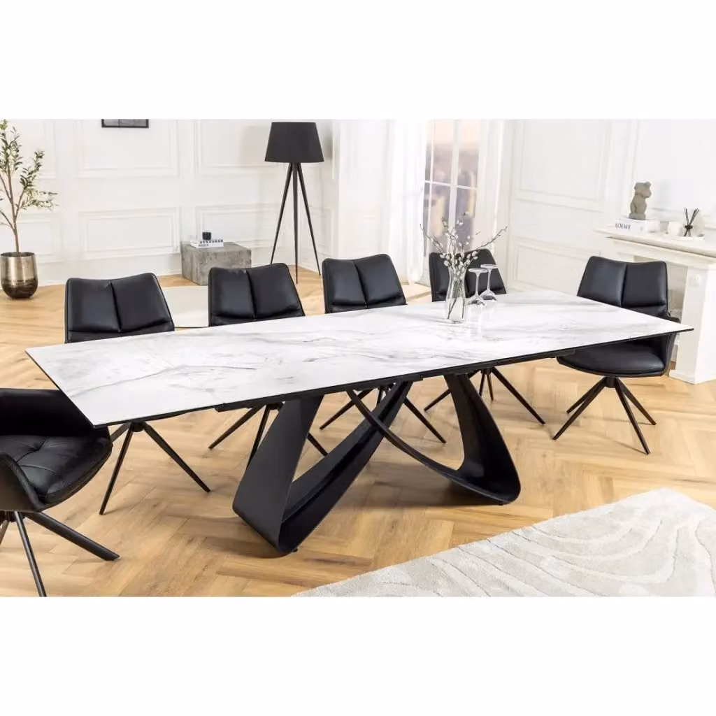 Tavolo da pranzo estensibile Meublorama ZAREL in ceramica e vetro temperato con effetto marmo bianco e struttura a X in stile moderno – 2