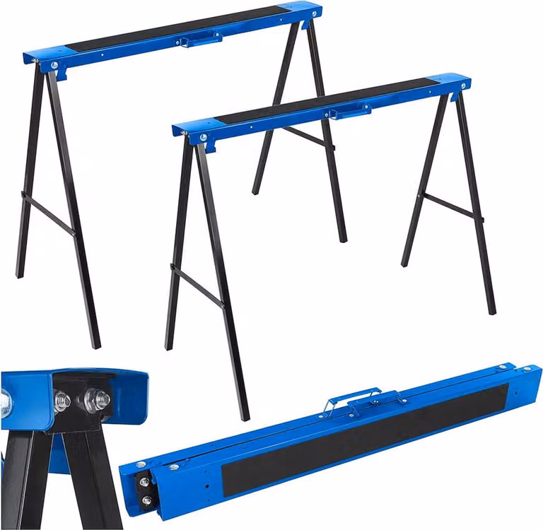 Set-kit 2 cavalletti da lavoro telescopici in acciaio, pieghevoli, altezza regolabile 80–130 cm, salvaspazio per officina