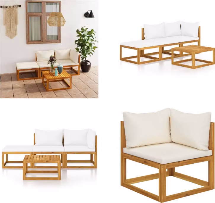 vidaXL Set salotto da giardino 4 pezzi con cuscini crema in legno massiccio di acacia - Set salotto da giardino - Set salotto da giardino - Set divano modulare - Set divano modulare
