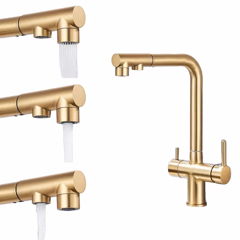 Miscelatore da cucina a due fori, acqua calda e fredda selezionabile, design contemporaneo in ottone, oro spazzolato
