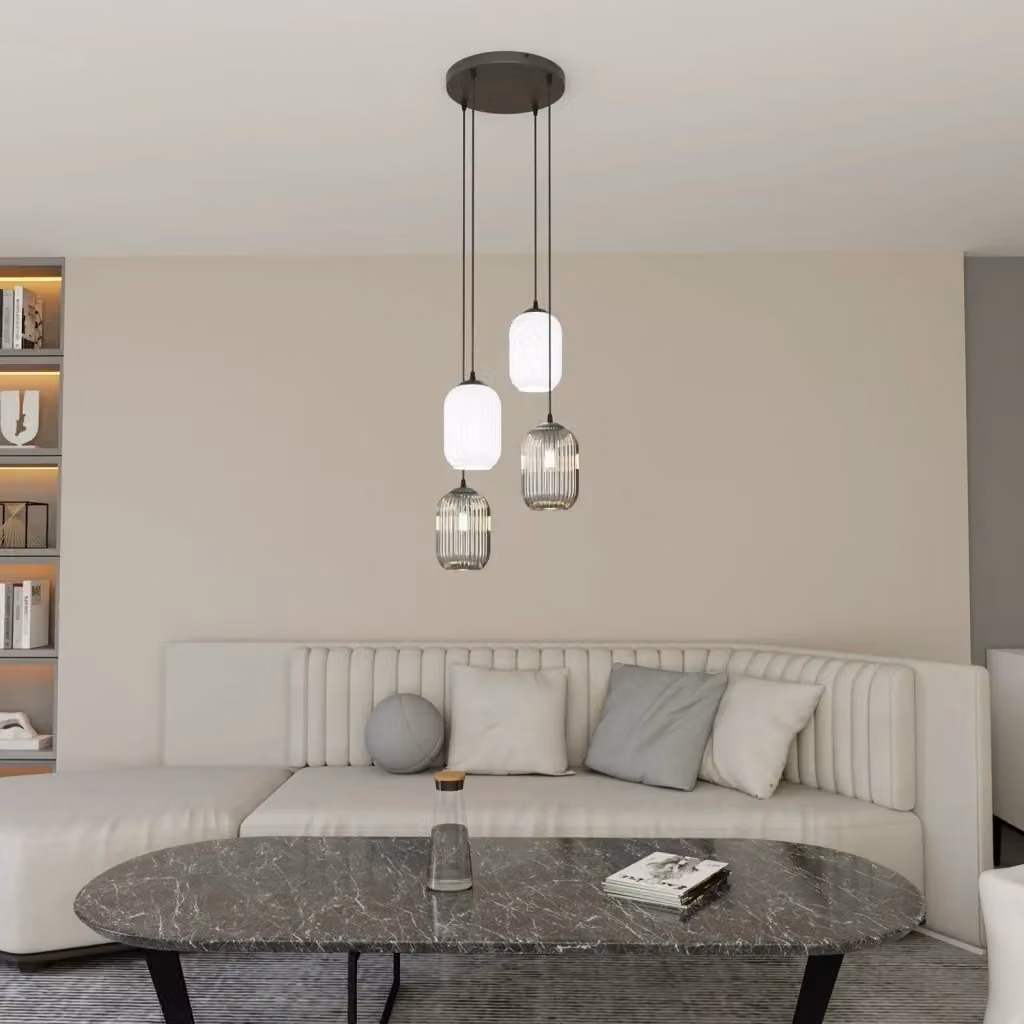 Lampadario a sospensione Luceart-Classic Nuit con 4 luci rotonde in acciaio nero e vetri plissettati bianchi e fumè con altezza regolabile – 2