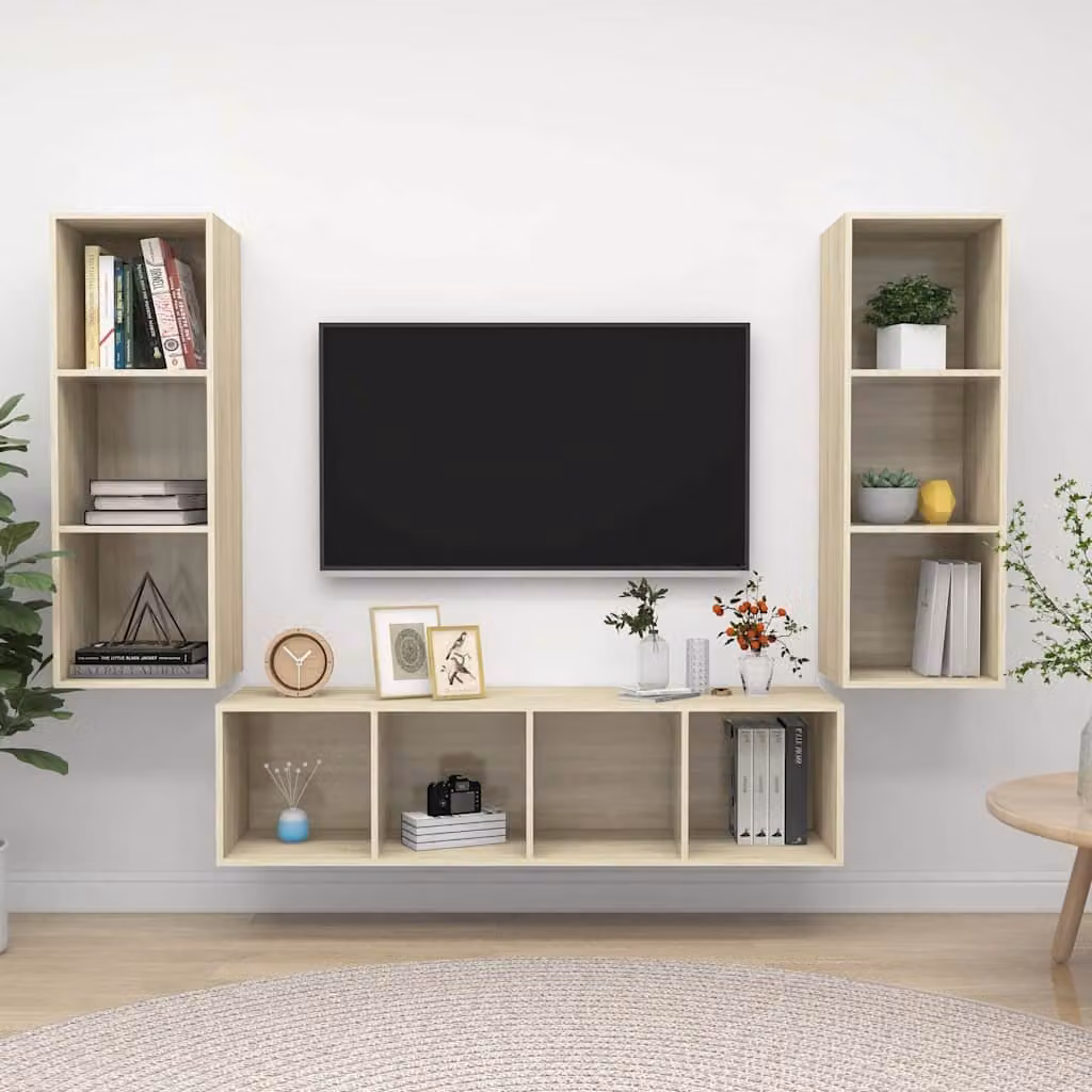 Set di mobili TV moderno vidaXL in legno color rovere marrone con vani porta media, da appendere a parete