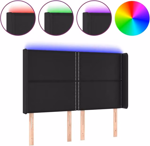 Testata del letto moderna in similpelle nera con illuminazione LED integrata e porta di ricarica USB, L: 147 cm, P: 16 cm, H: 118/128 cm – 1