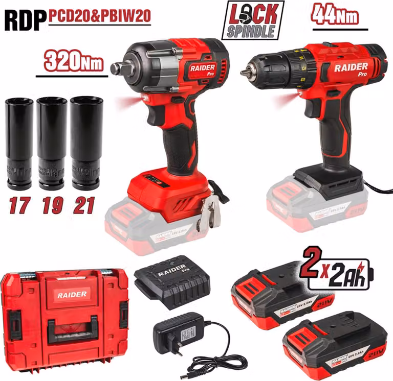 Set avvitatore a impulsi a batteria, impact driver/trapano a percussione – 44 Nm 1/2", 2× batterie 2.0ah – ideale per auto, DIY e uso RAIDER PRO