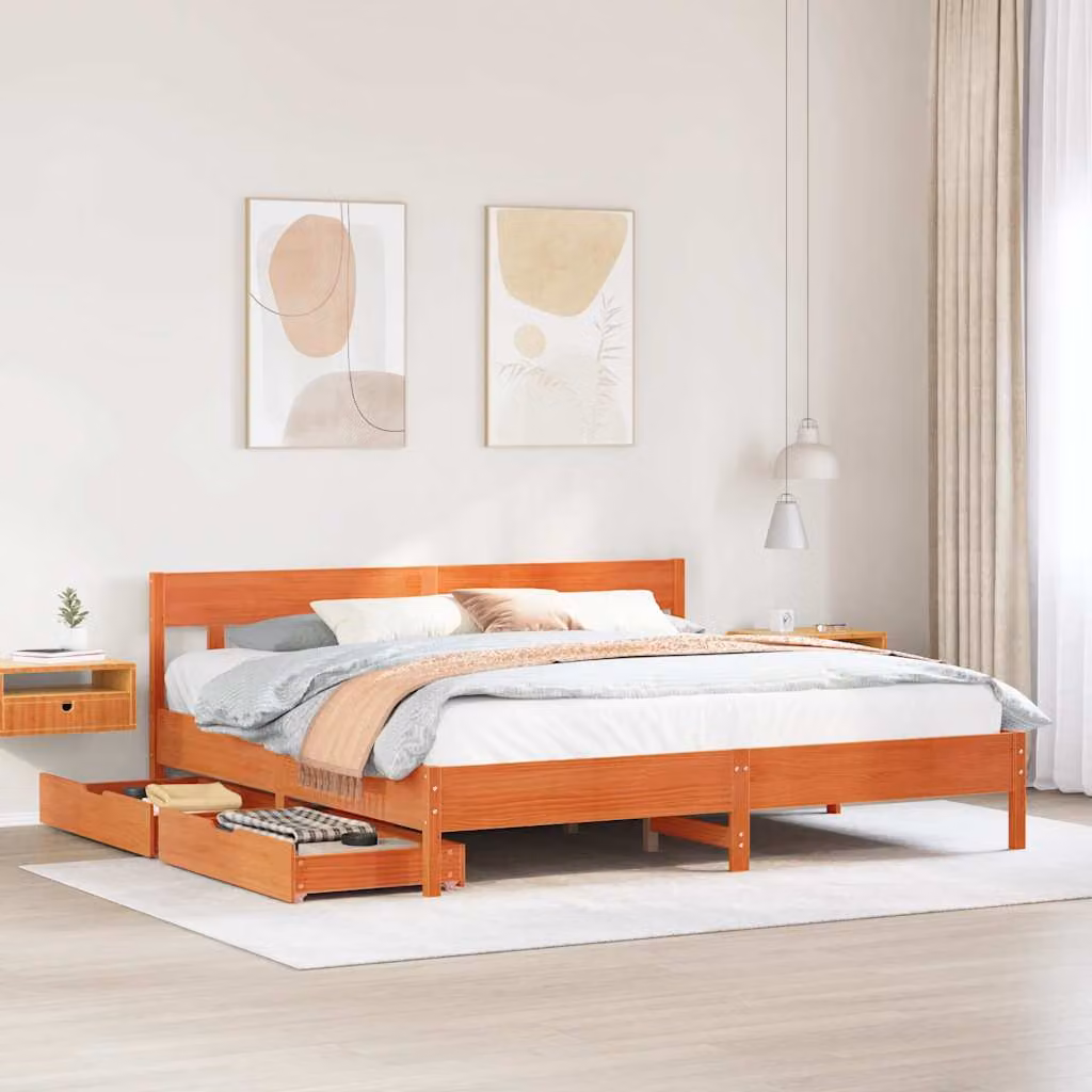 Letto in legno di pino vidaXL color marrone cera con cassetti stile rustico L/P/H: 200 x 200 x 205,5 cm