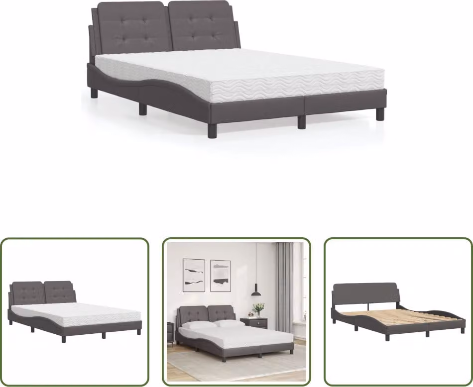 The Living Store Letto con materasso grigio 140x190 cm in ecopelle