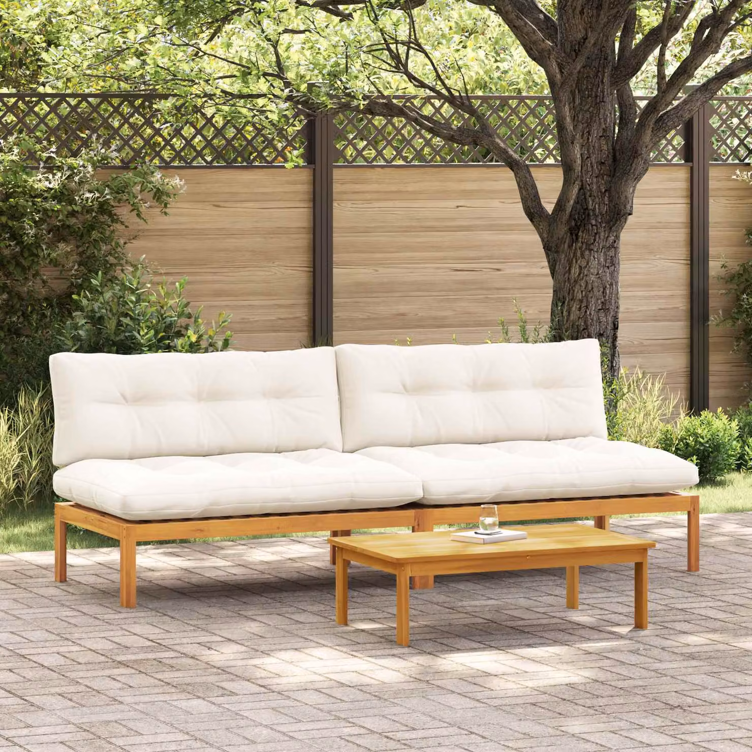 Set di 2 unità divano centrale vidaXL in legno di acacia e tessuto beige e bianco naturale per giardino, terrazza o sala da pranzo