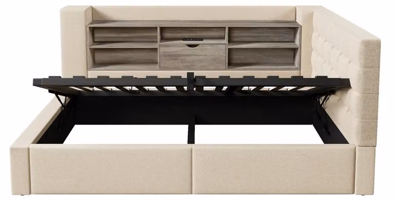 Letto imbottito - Struttura del letto 140 x 190 cm - Illuminazione a LED - Spazio contenitore con sistema idraulico - Testiera a forma di L - Tessuto: lino - Colore: beige - Senza materasso