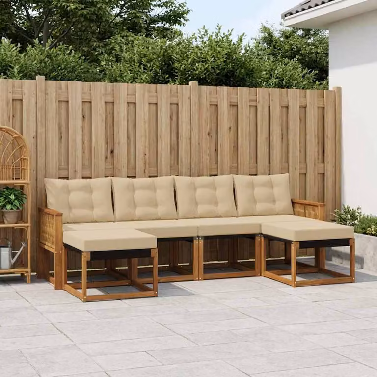 Set di divani da esterno vidaXL 6 pz a forma di L in legno di acacia con cuscini beige e sabbia