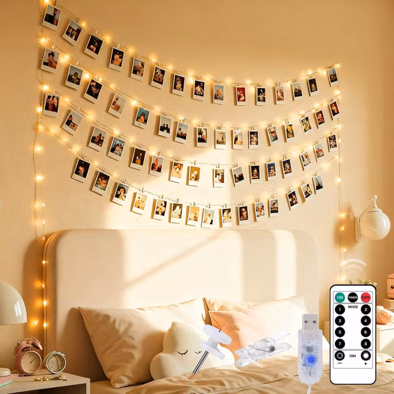 Catena luminosa a LED, 10 metri, 100 LED, 60 clip, alimentazione USB, dimmerabile, 8 modalità