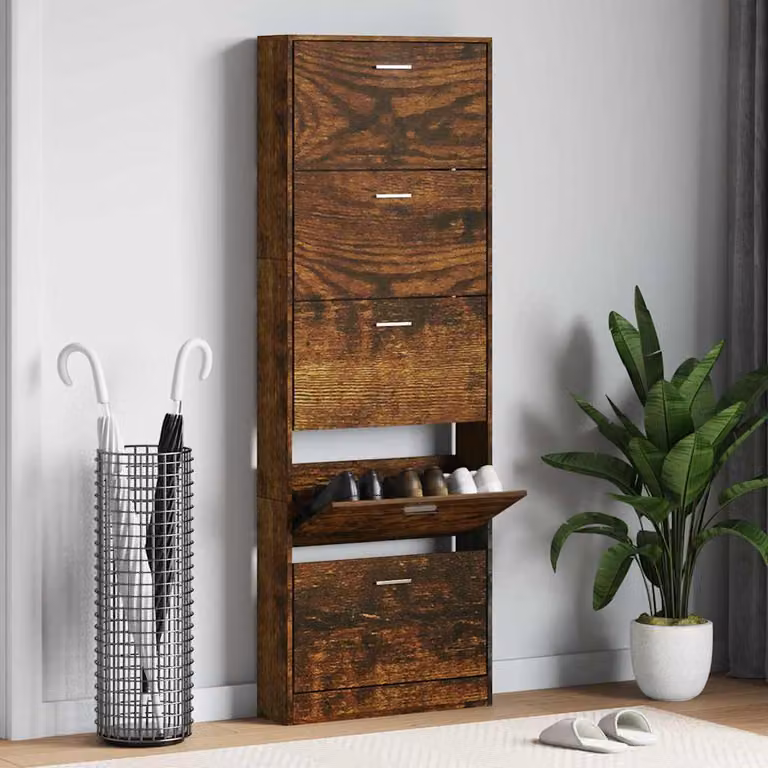 Scarpiera moderna vidaXL in legno Rovere Fumo, con scomparti basculanti e ripiani interni, L: 59 cm, P: 17 cm, H: 169 cm