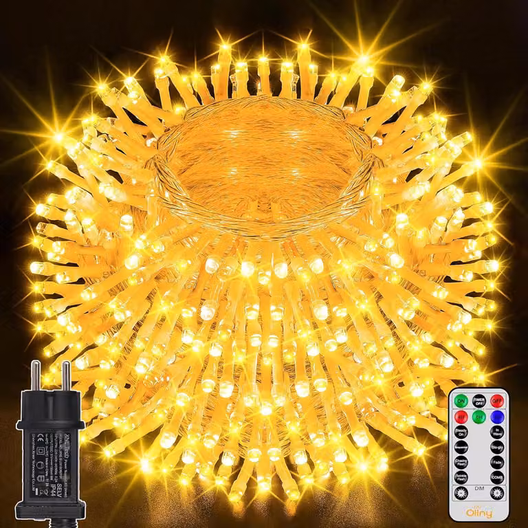 Catena luminosa da 40 metri - Con spina - Grado di protezione IP44 (resistente all'acqua) - Telecomando - Luce calda - Ideale per Natale