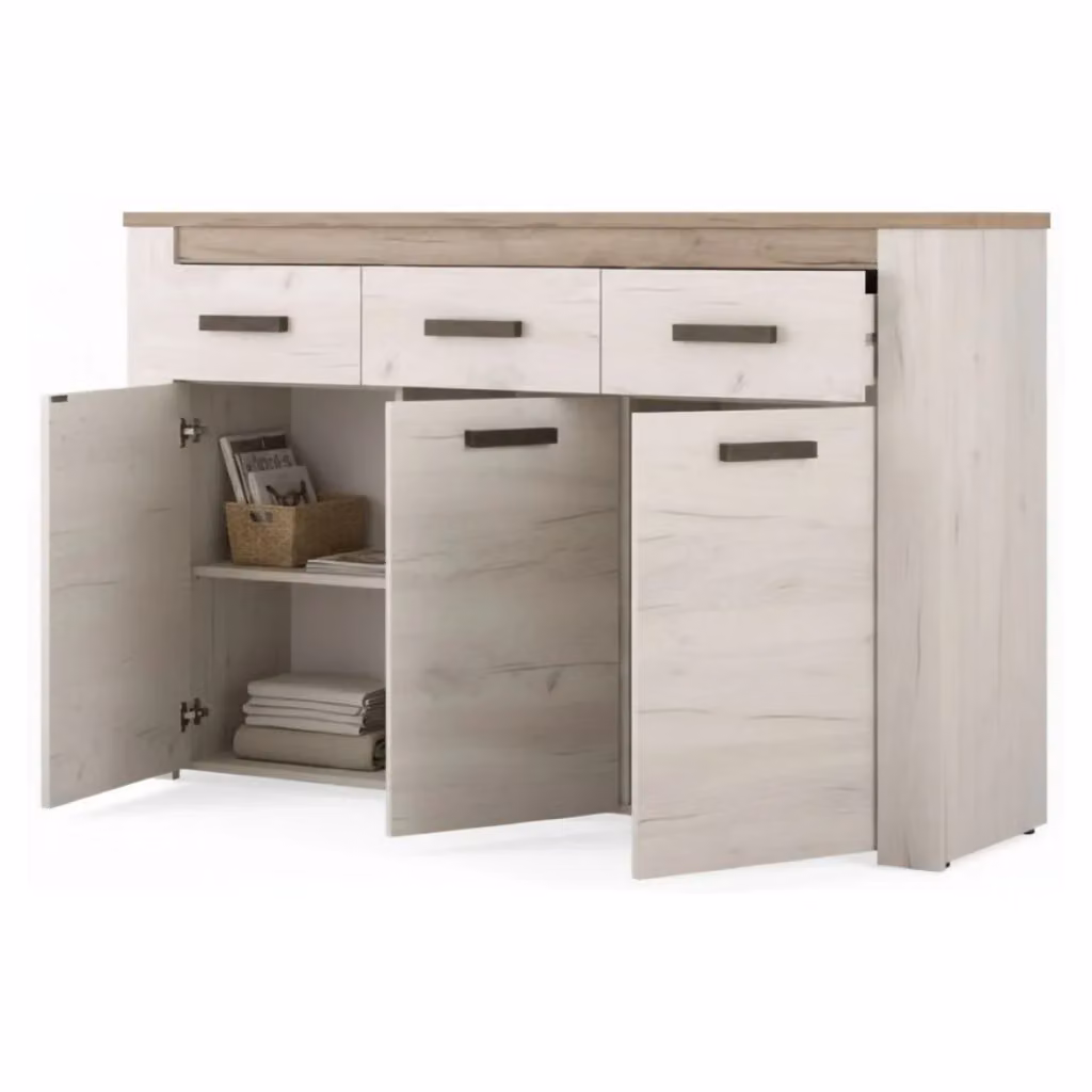 Madia Scena DMORA, Credenza Moderna con 3 Ripiani, Bianco Larice, L: 160 cm, P: 36.5 cm, H: 98 cm – 2