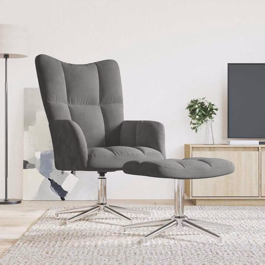 vidaXL Sedia Relax con Poggiapiedi Integrato in Velluto Grigio con Struttura in Metallo e Base Girevole 360 Gradi – 1