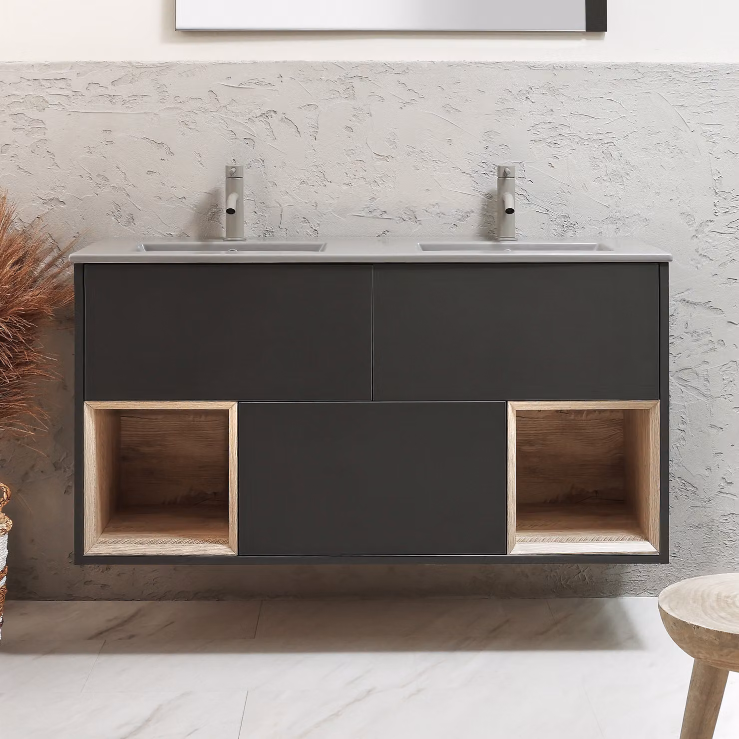 Mobile Bagno Sospeso con Ripiano Aperto in Grigio Nero da 1212mm con Lavabo Grigio (Pebble) - Hoxton