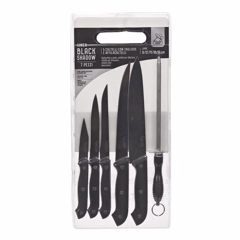 Set di coltelli Gusto Casa Linea Black Shadow con tagliere in polipropilene e affilatore, 7 pezzi in acciaio inox, nero