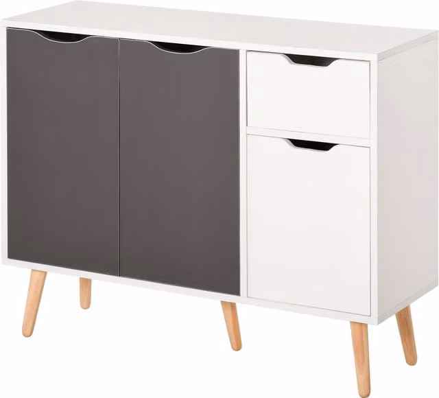 Credenza HOMCOM con 3 ante e cassetto, mobile contenitore moderno per soggiorno, cucina o camera da letto, Bianco e Grigio, L 90 cm x P 30 cm x H 72 cm – 1