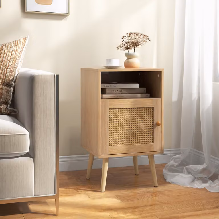 Comodino Costway in stile country con mensola aperta e porta in rattan, colore beige e marrone