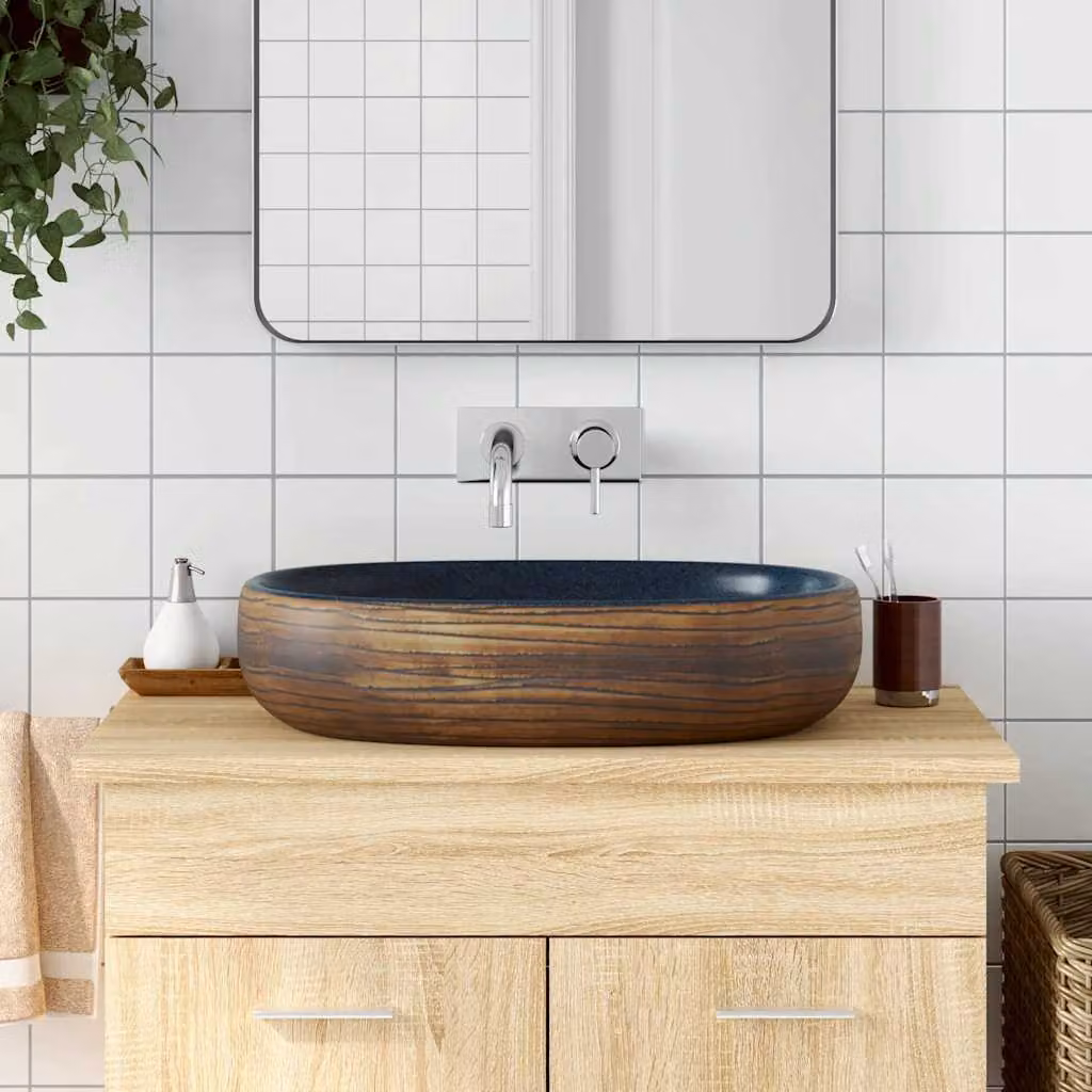 Lavabo da appoggio ovale vidaXL in ceramica, marrone e blu, L: 59 cm, P: 40 cm, H: 14 cm