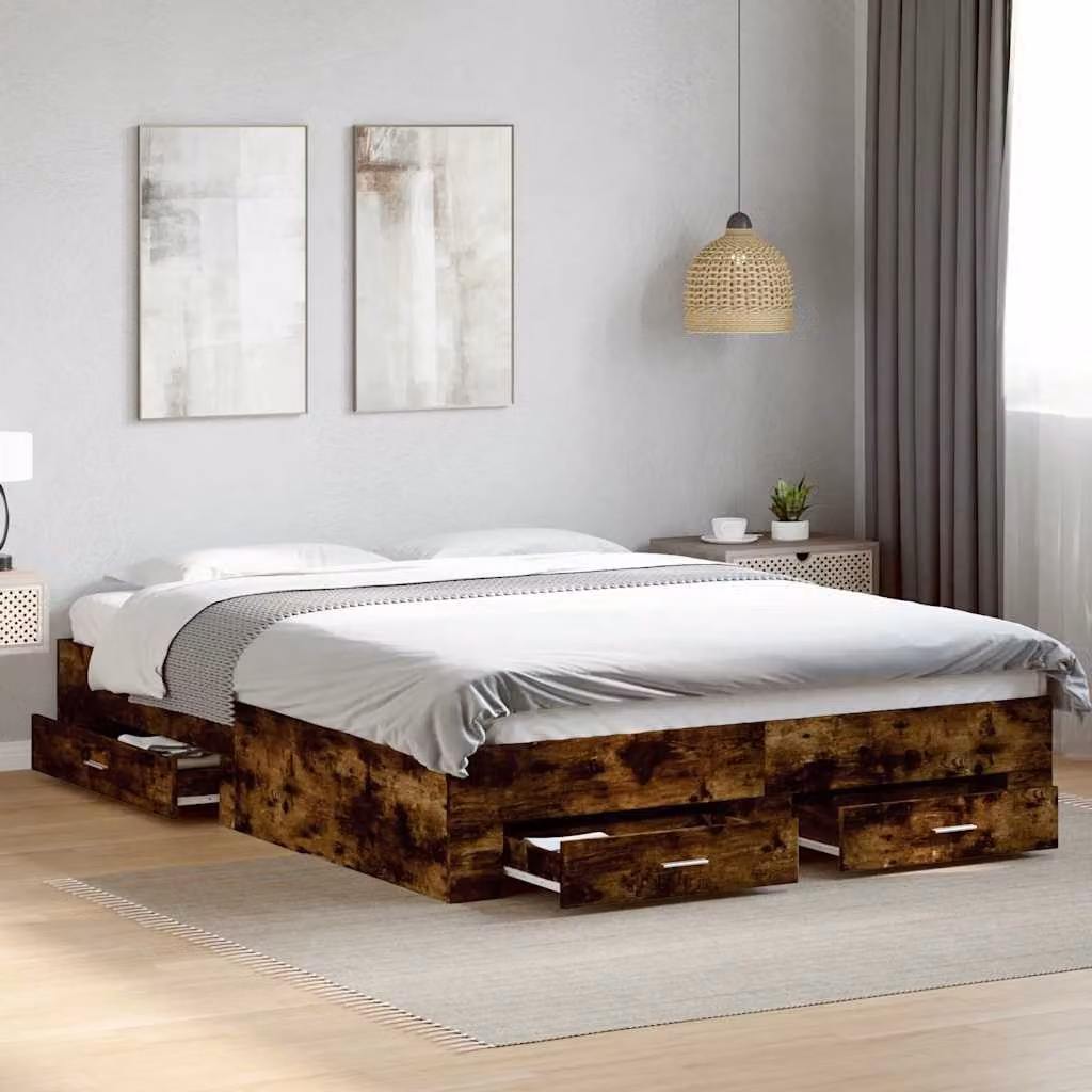 vidaXL Giroletto con Cassetti in Legno Multistrato Rovere Fumo L: 150 cm, P: 200 cm – 1