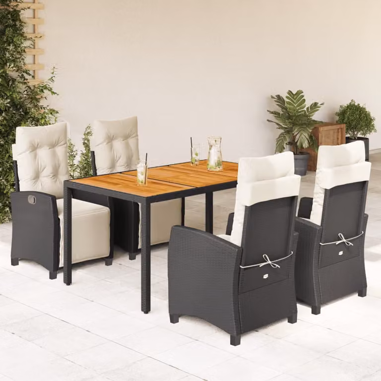 Set da pranzo da giardino vidaXL in polyrattan e legno di acacia nero con 5 pezzi