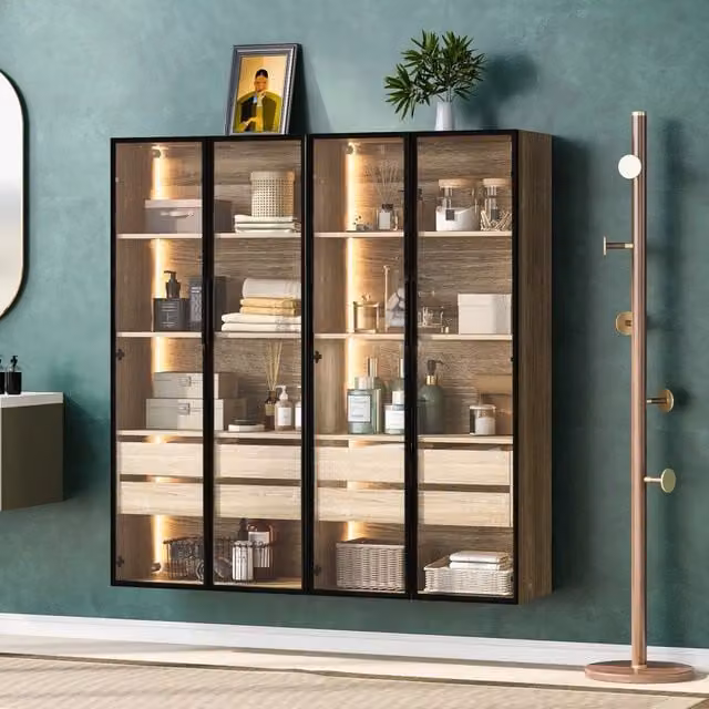 Set da 2 pezzi Armadio da Bagno REDOM in MDF Naturale con Ante in Vetro e Illuminazione LED, L: 73 cm – 1