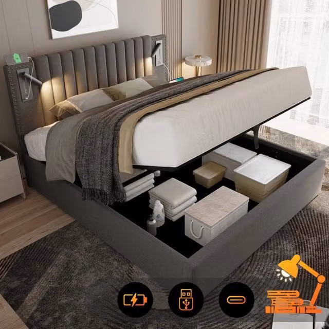 Letto matrimoniale 180 × 200 cm con vano contenitore, luce da lettura e ricarica USB, senza materasso, in cotone grigio