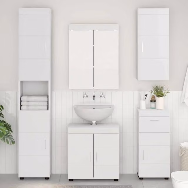 Set di mobili per il bagno moderno vidaXL composto da 5 pezzi in bianco e argento, L: 60 cm, P: 34 cm, H: 63 cm