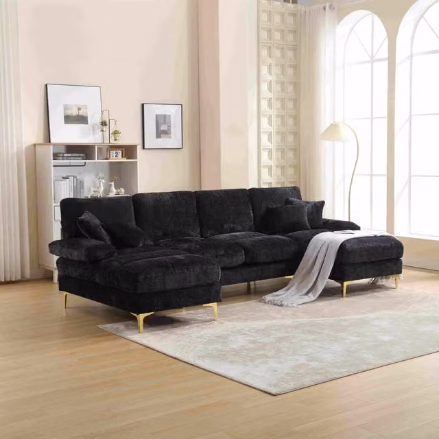 Divano componibile moderno a forma di U Gomyway in tessuto nero con sedili reclinabili manuali e struttura in legno e metallo L: 272 cm, P: 136 cm, H: 88 cm – 1