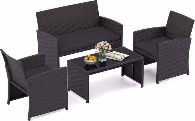 Set da salotto per patio in rattan 4 pezzi con divanetto e poltrone, Mobili da esterno con tavolino vetro temperato per giardino e piscina Nero