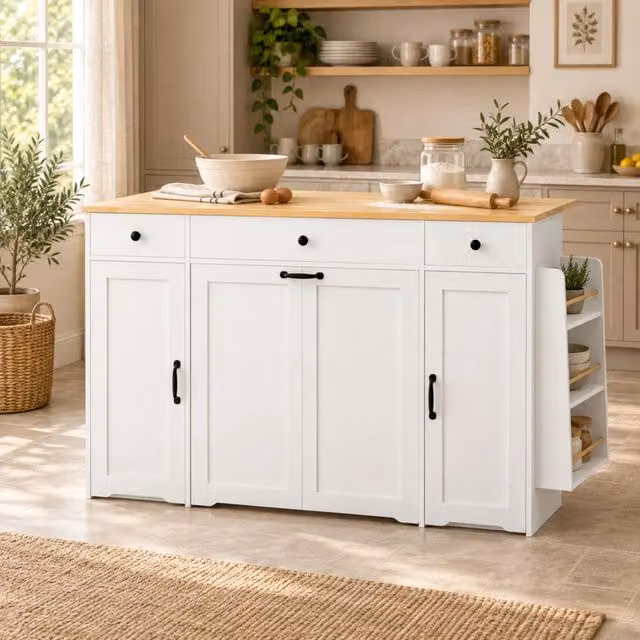 Credenza con 3 cassetti e ripiani interni, piano effetto legno per cucina e sala da pranzo, MDF bianco, 136×65×90 cm