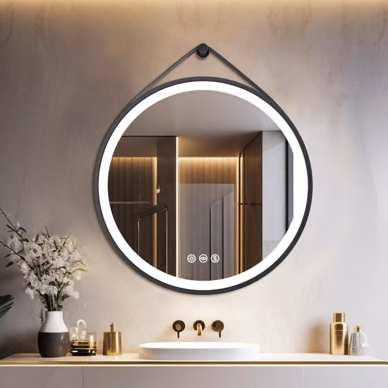 Specchio da bagno LED rotondo, diametro 60 cm, colore nero, con funzione di regolazione dell'intensità luminosa, 3 tonalità di luce e sistema antiappannamento