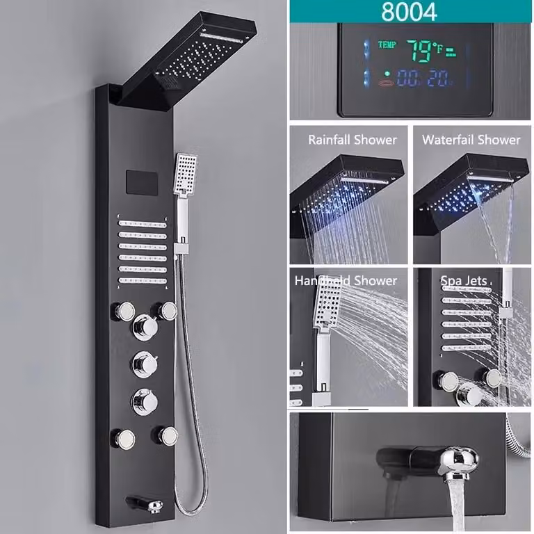 Sistema doccia a cascata Regendusche - Pannello doccia LED 8004 - Acciaio inossidabile 304 - Ugelli girevoli per massaggio corporeo - Display digitale della temperatura - Miscelatore per vasca - Nero