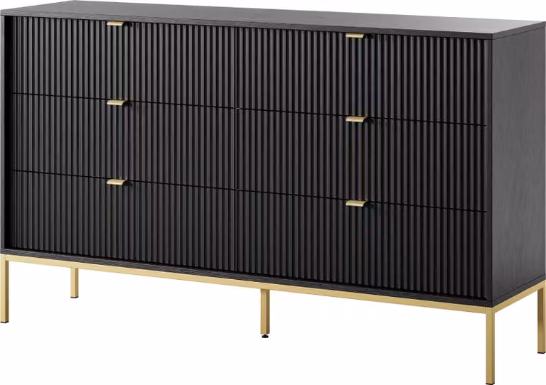 Cassettiera: 6 cassetti, nero, gambe dorate, 154 x 39 x 83 cm