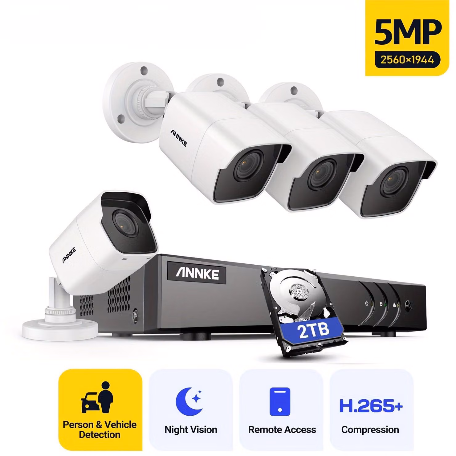 Sistema di sicurezza - Set di telecamere a circuito chiuso (CCTV) - Telecamera di sorveglianza - Telecamera esterna - Telecamera di videosorveglianza - 5MP, 2TB HDD