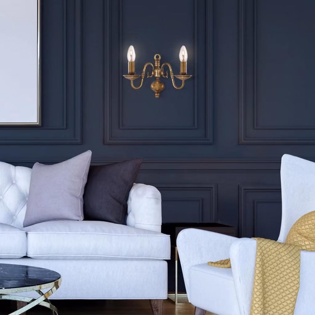 Applique Classica Fiammingo in Ottone con 2 Luci e Paralumi Trasparenti per Portalampada E14 – 2