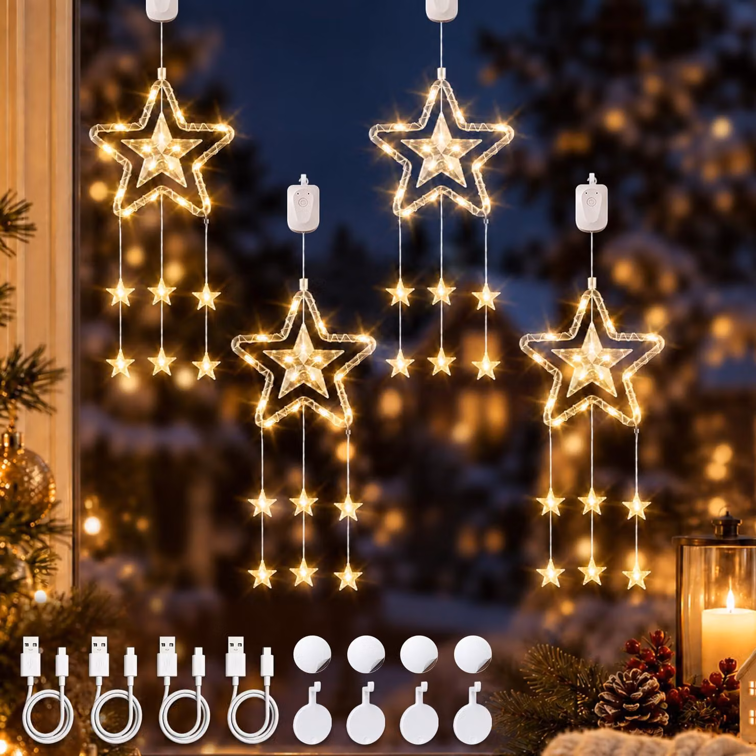 Luci decorative a LED a forma di stella per finestre, confezione da 4 pezzi, luce bianco caldo, ricaricabili