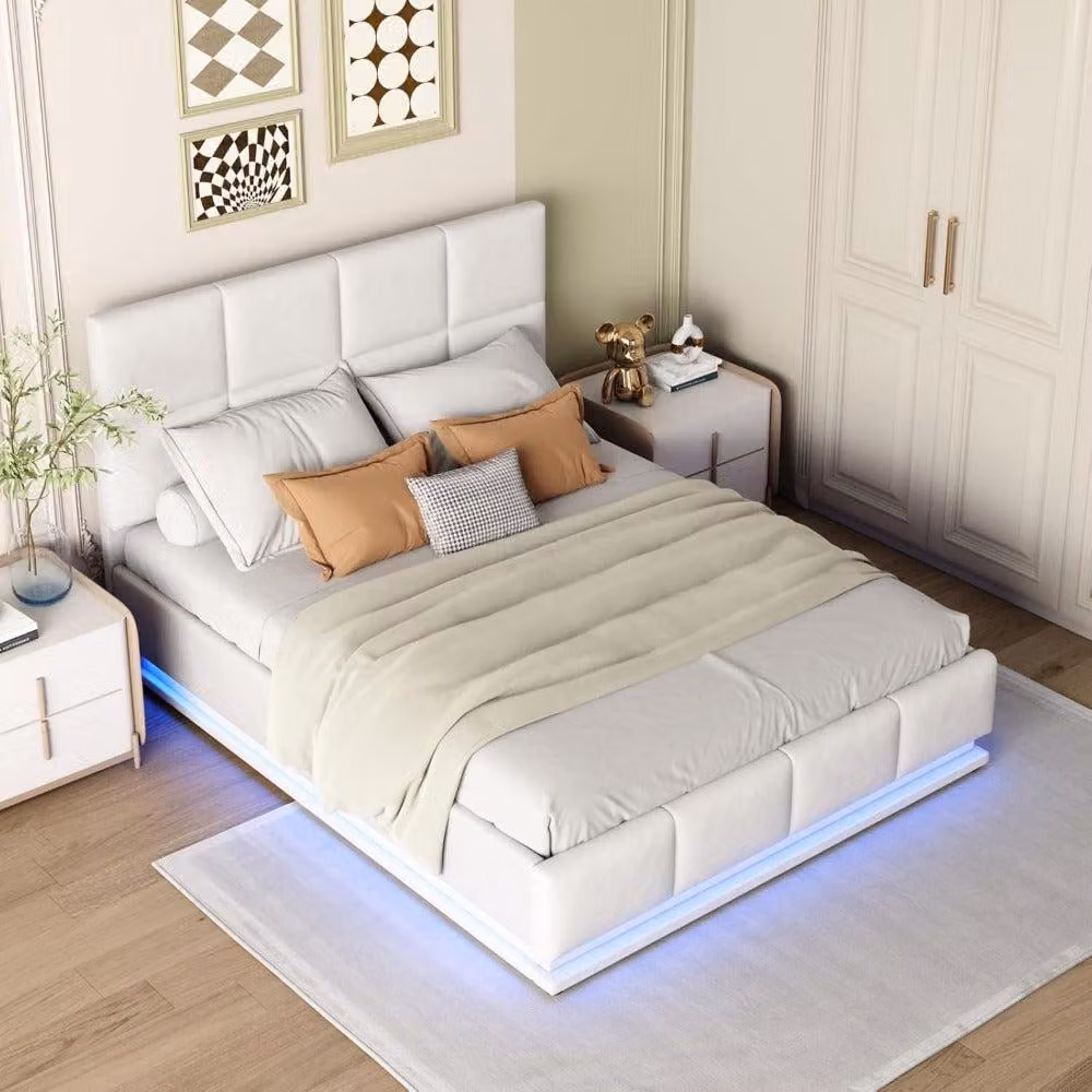 Letto matrimoniale - Letto contenitore - Letto con boxspring - Letto con LED - Letto in ecopelle - Bianco - Con illuminazione a LED